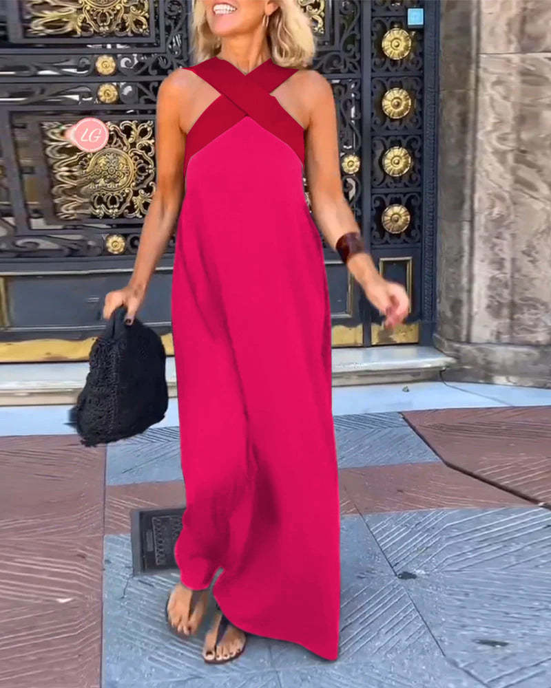 Cross Halter Neck Sleeveless Stitching Dress