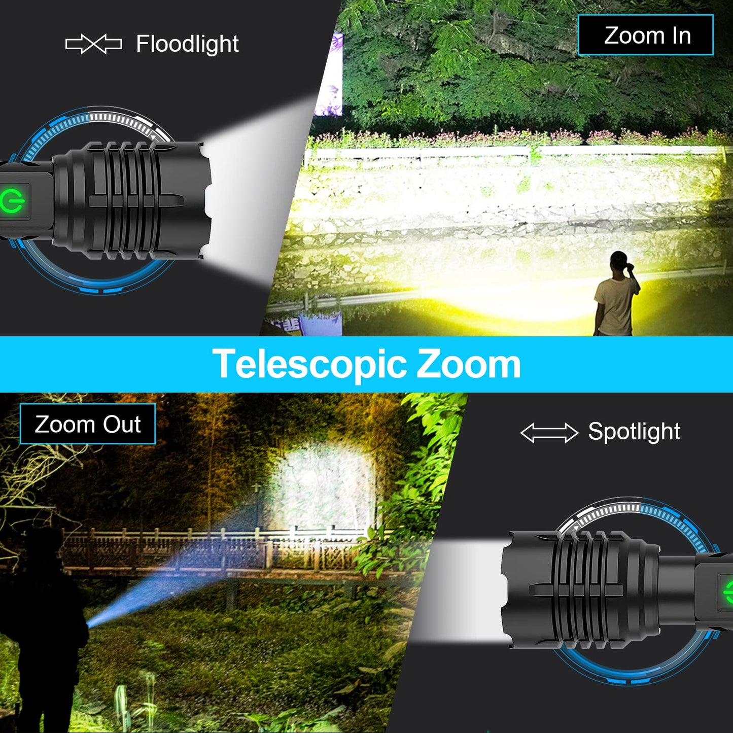 Olvoria | Banral 100000 lumen rechargeable pocket flashlight, IPX6 waterproof, 5 modes, zoomable, aluminum