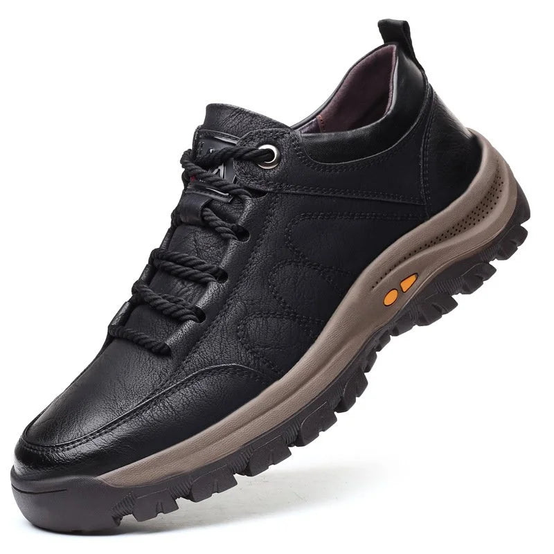 Olvoria | Hand-Stitched Men's Casual Shoes | Genuine Cowhide Leather | Orthopedic Three-Foot Support Design | Non-Slip Rubber Sole | Water-Repellent & Breathable | Black & Brown