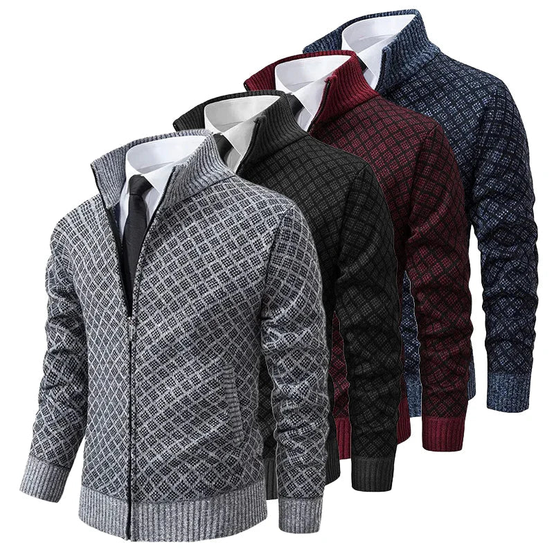 Olvoria | Men's Geometric Pattern Zip-Up Cardigan