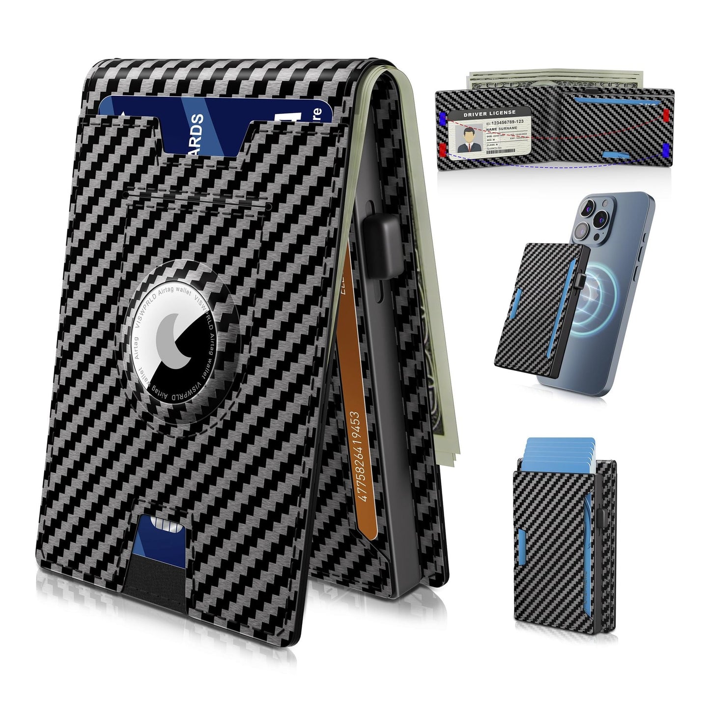 Olvoria | Pop Up Aluminum Bag Money Clip Slim Leather Slots Credit Card Holder RFID Blocking Bifold Minimalist Wallet