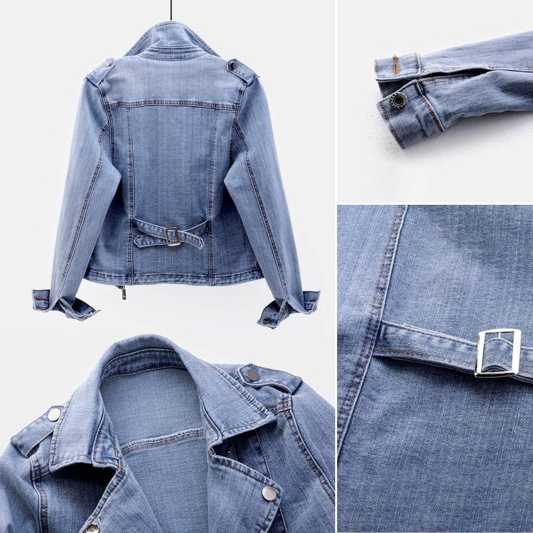 Olvoria | Women's Denim Biker Jacket with Belted Waist