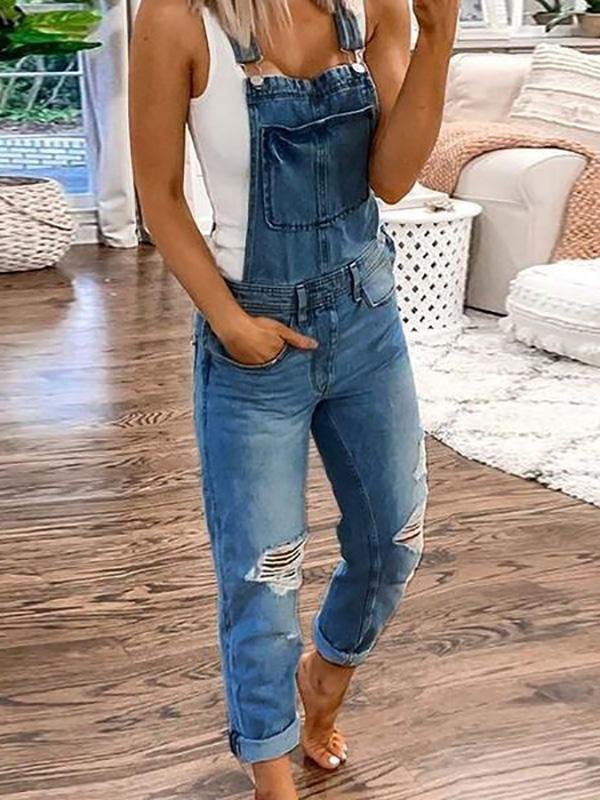 Olvoria | Women's Denim Jumpsuit Ripped Ankle Length