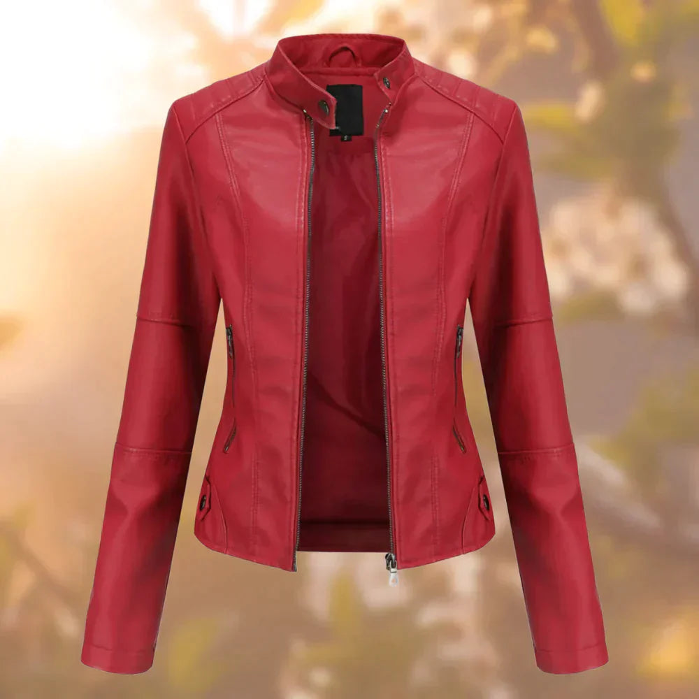 Olvoria | Women's Faux Leather Moto Jacket with Zipper
