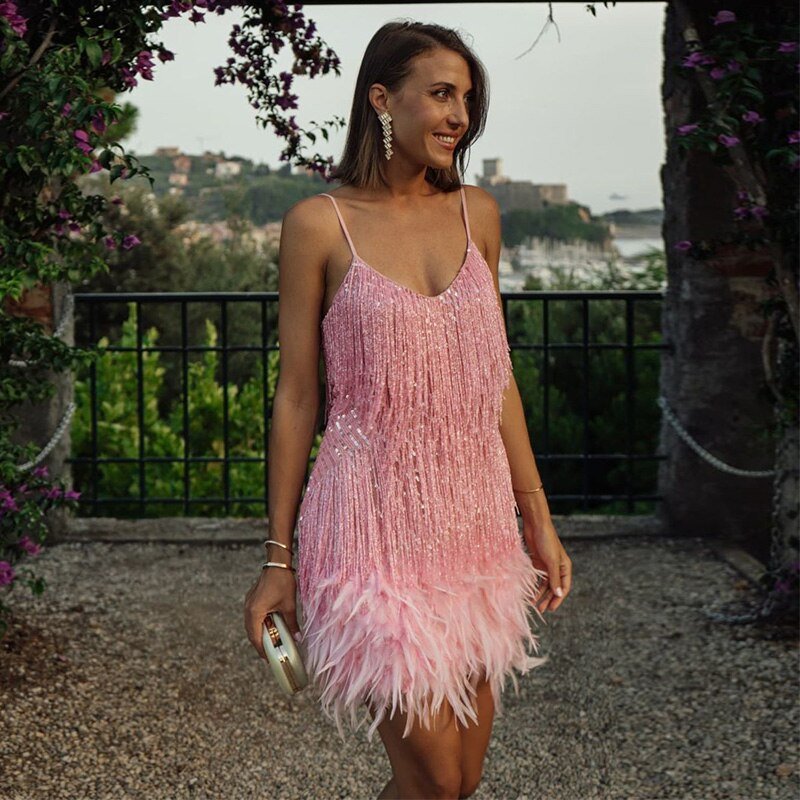 Olvoria | Women's Feather Trim Mini Dress