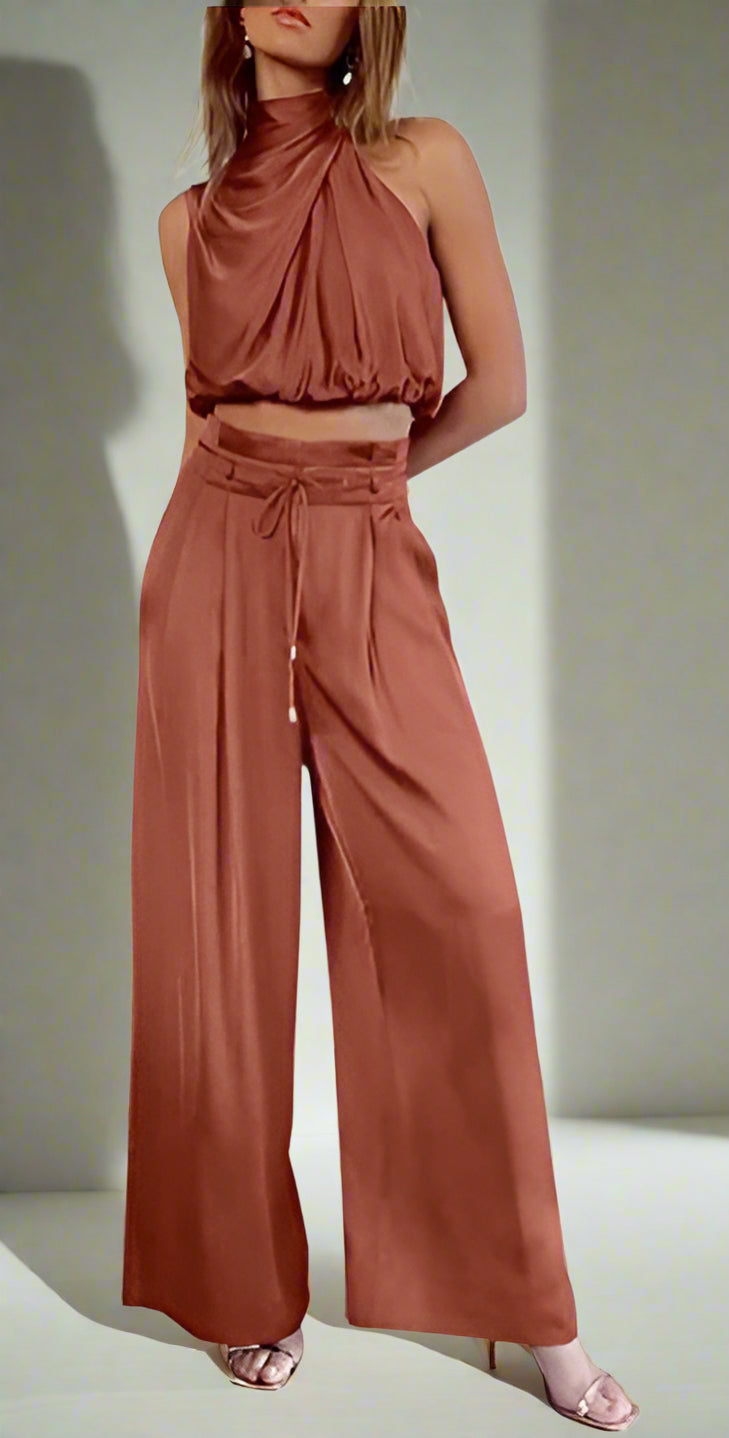 Olvoria | Women's Halter Neck Top & Wide Leg Pants Set