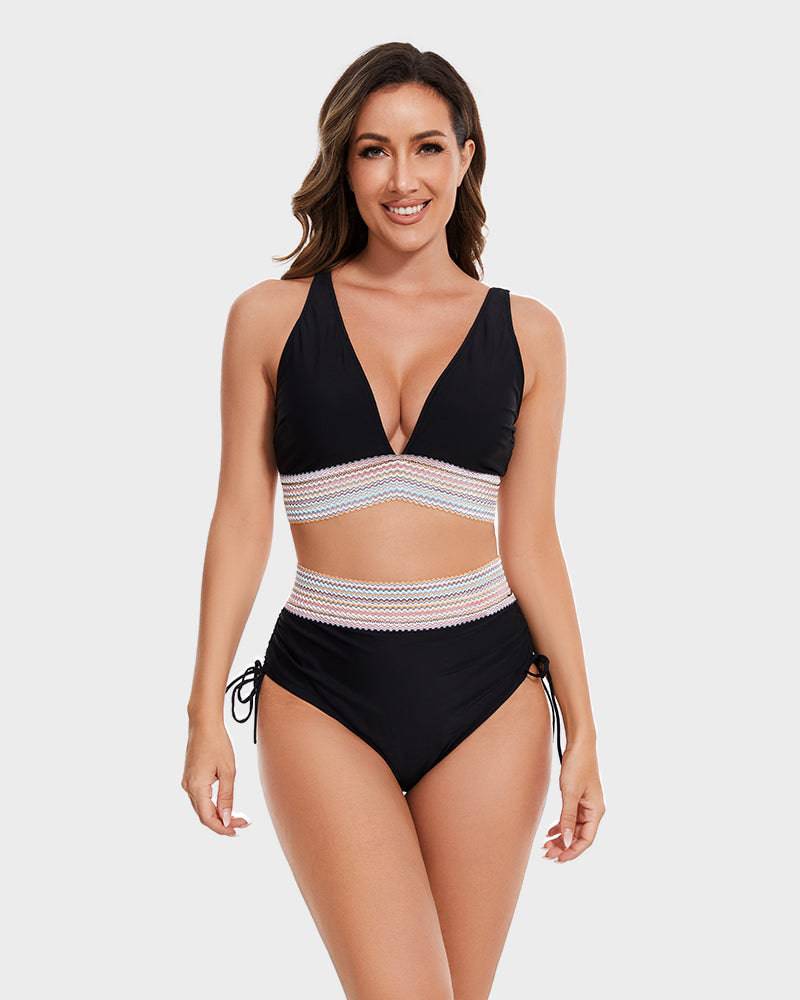 Olvoria | Women's High-Waisted Bikini with Chevron Trim