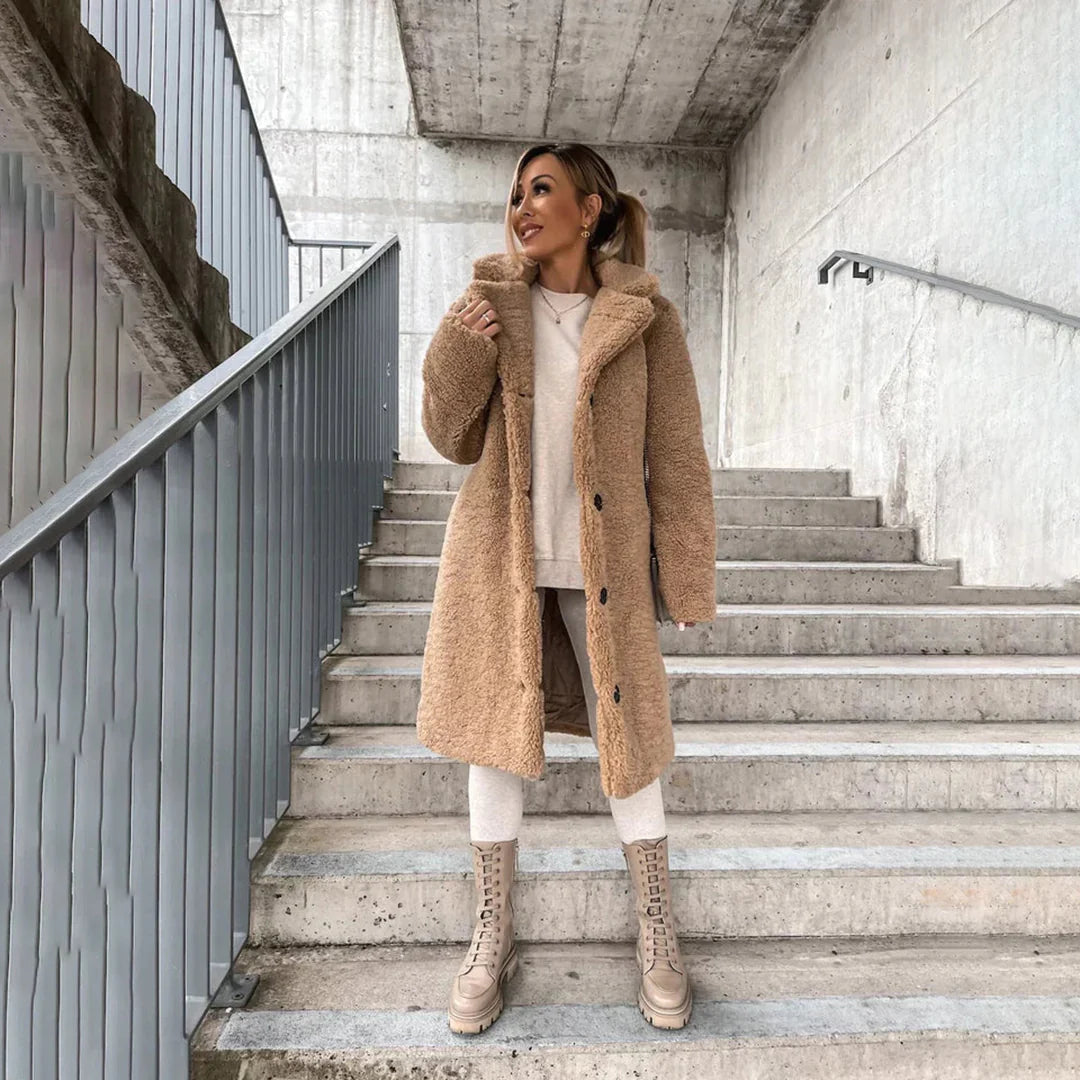 Olvoria | Women's Long Teddy Coat with Lapel Collar