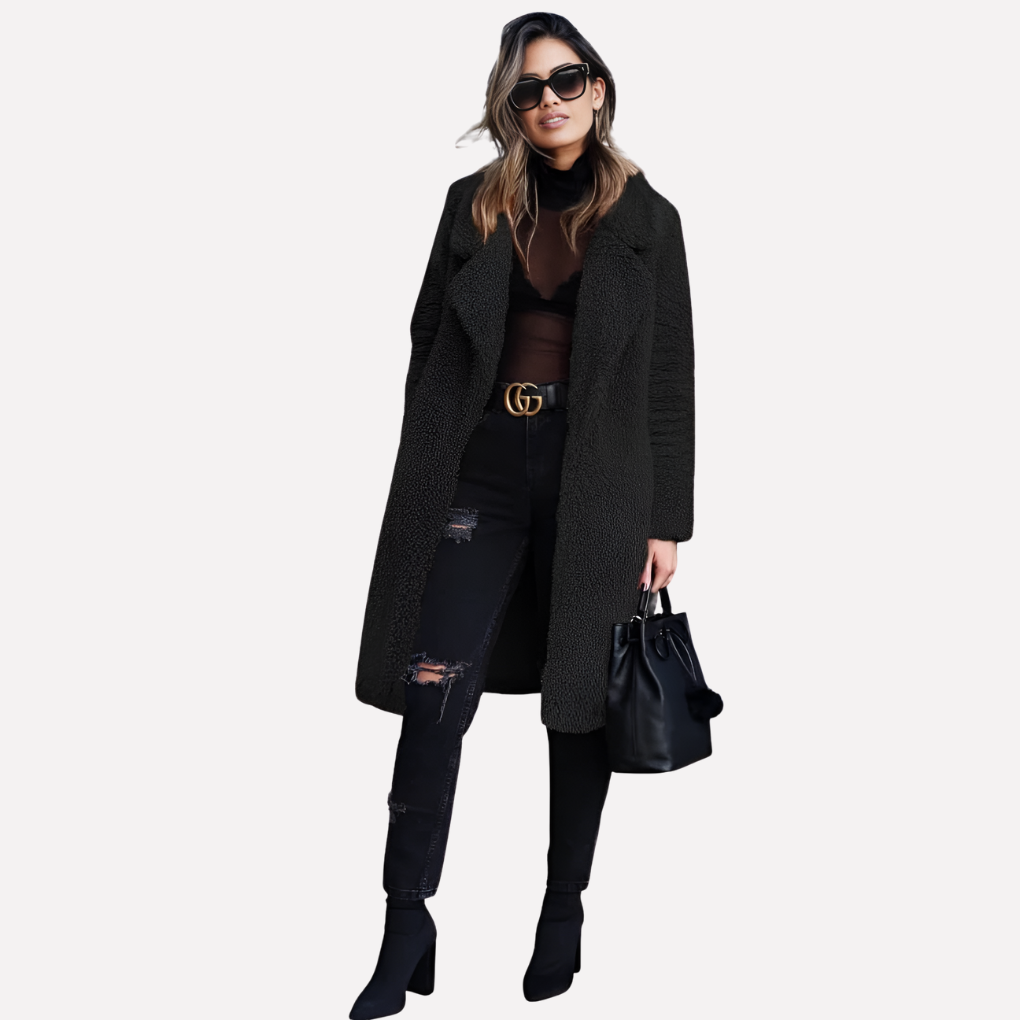 Olvoria | Women's Longline Teddy Coat with Notched Collar