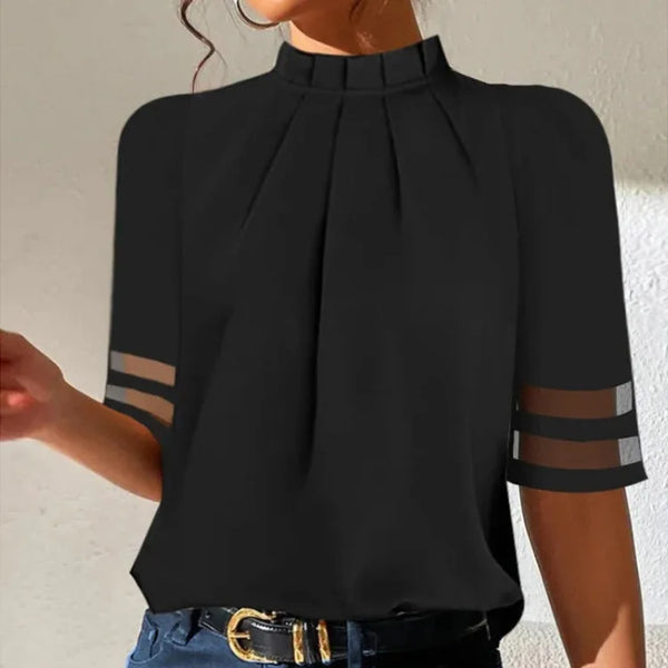 Olvoria | Women's Pleated Mock Neck Blouse Sheer Sleeve