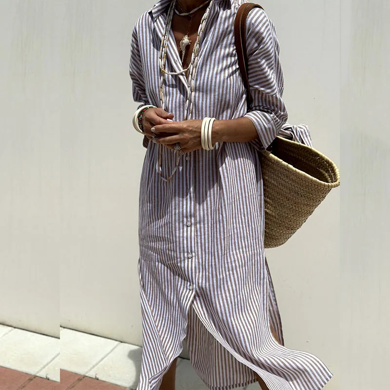 Olvoria | Women's Striped Button-Up Midi Shirt Dress