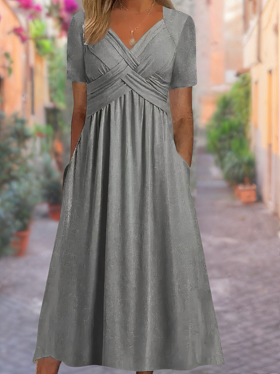 Olvoria | Women's V-Neck Midi Dress with Ruched Bodice