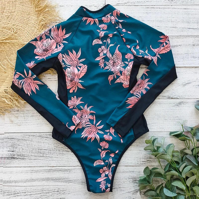 Patterned One-Piece Swimming Costume with Long Sleeves