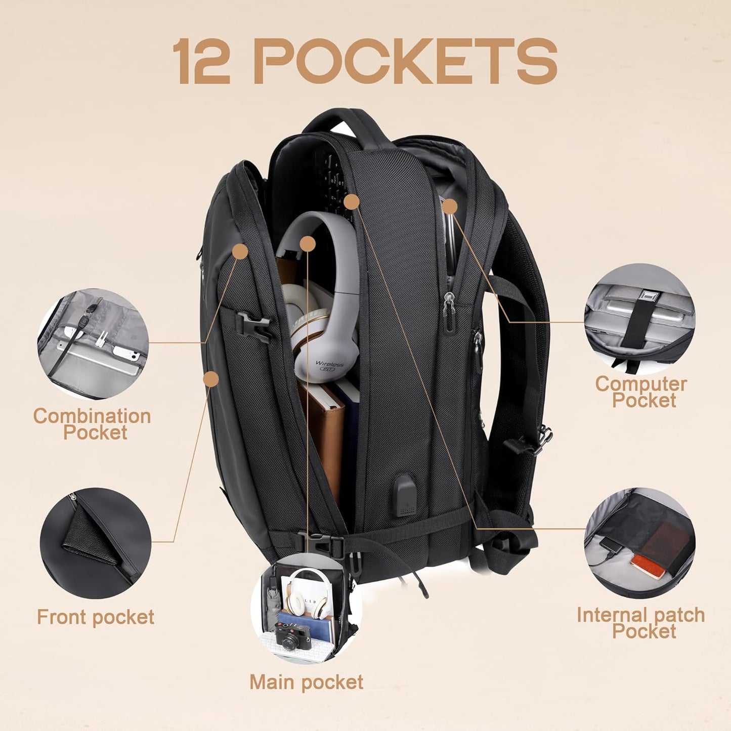 40L Expandable Waterproof Travel Backpack with USB Port & 17” (43.18 cm) Laptop Sleeve – AirVoyage