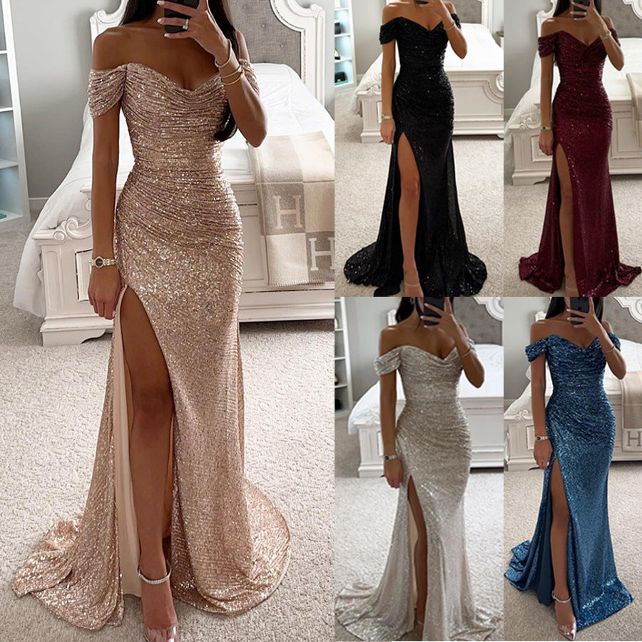 Autumn Evening Dress for Women - Long, Sequined, Off-the-Shoulder Dress with Slit for Weddings and Parties