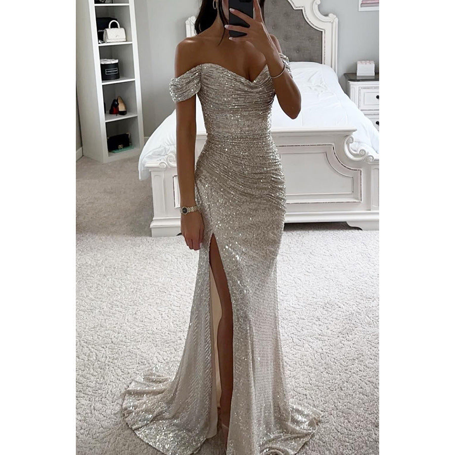 Autumn Evening Dress for Women - Long, Sequined, Off-the-Shoulder Dress with Slit for Weddings and Parties