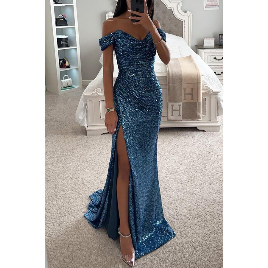 Autumn Evening Dress for Women - Long, Sequined, Off-the-Shoulder Dress with Slit for Weddings and Parties