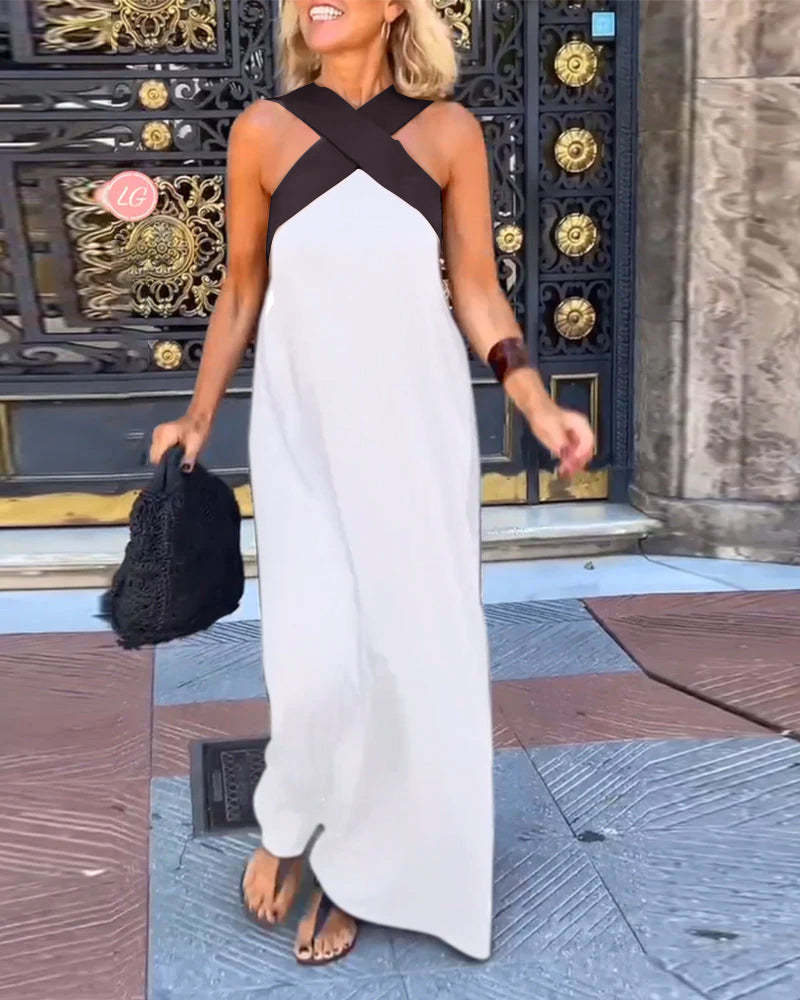Cross Halter Neck Sleeveless Stitching Dress