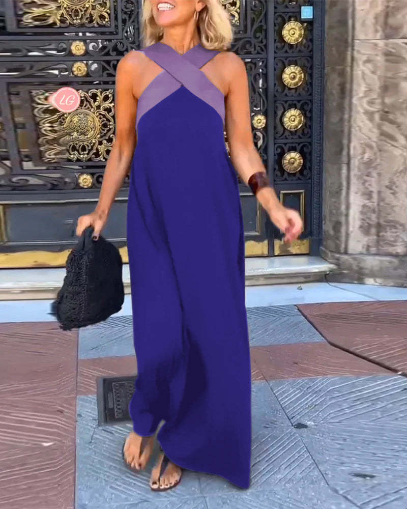 Cross Halter Neck Sleeveless Stitching Dress