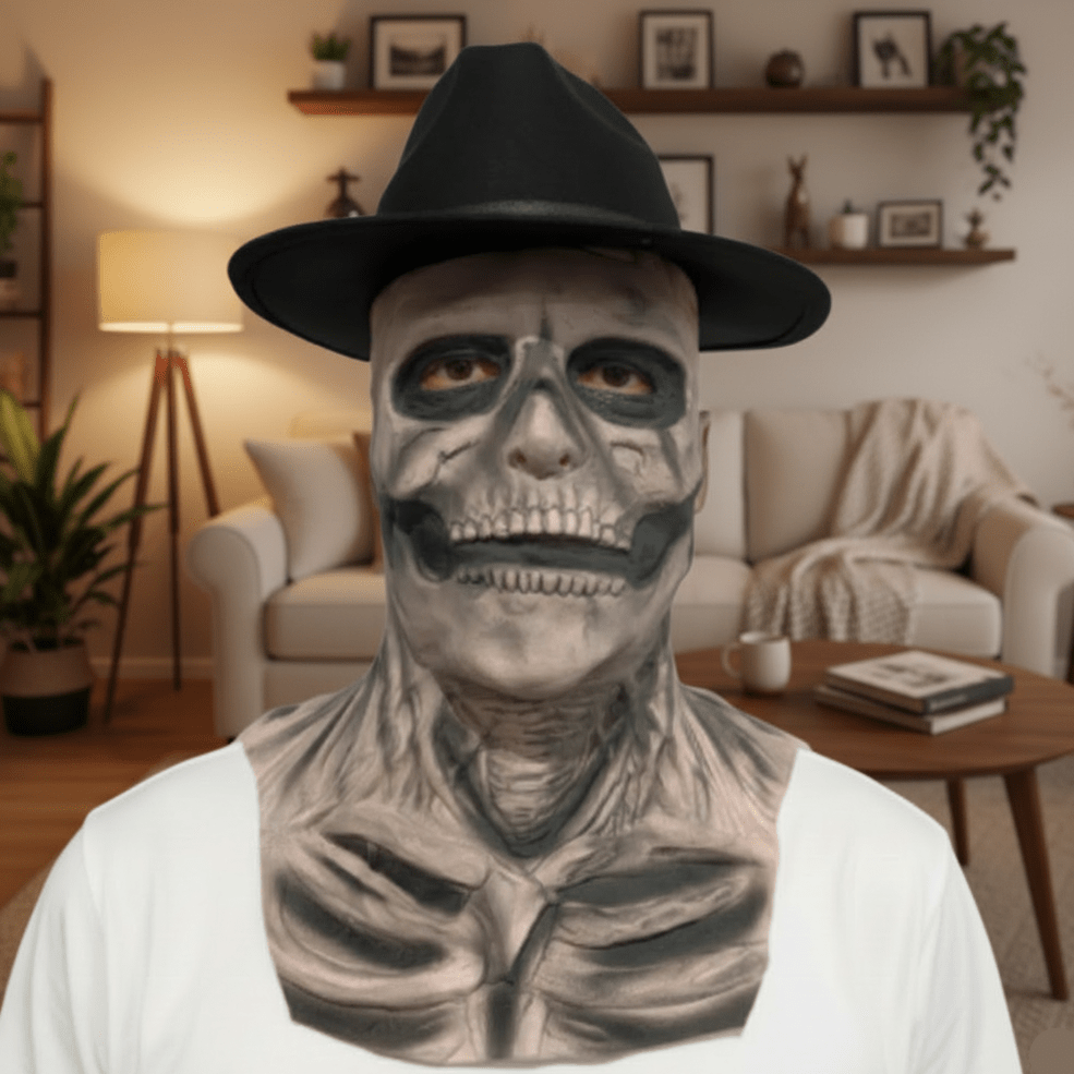 DREADSKULL – Realistic Skeleton Mask with Hat for Ultimate Halloween Transformation