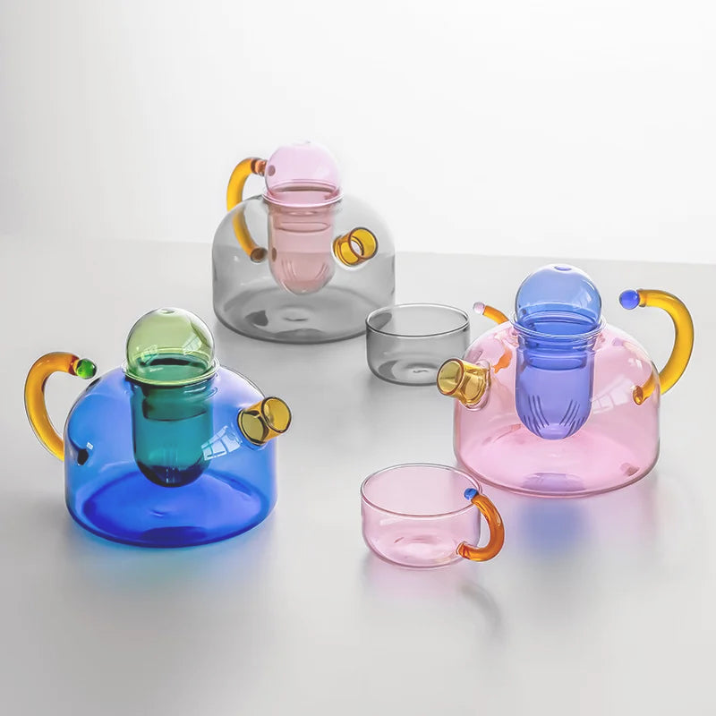 Elegant Borosilicate Tea Set with Unique Design and Vibrant Colors – Dishwasher Safe, 80 ml Mug, 400 ml Teapot