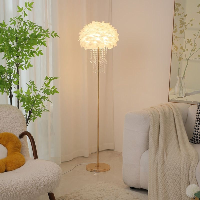 Elegant Nordic Floor Lamp with Feather and Crystal Shade