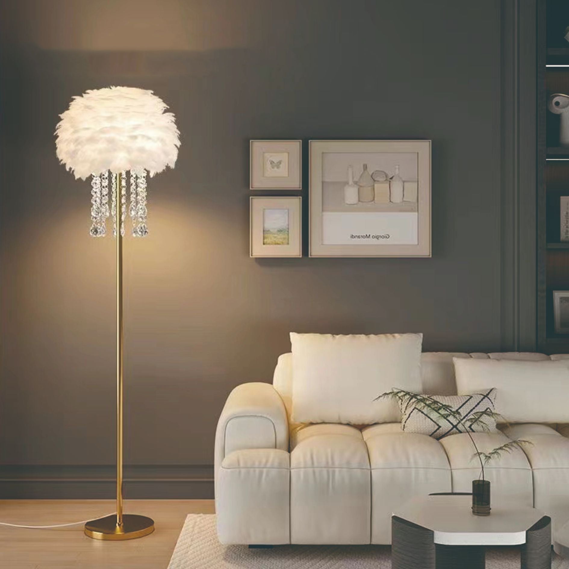 Elegant Nordic Floor Lamp with Feather and Crystal Shade