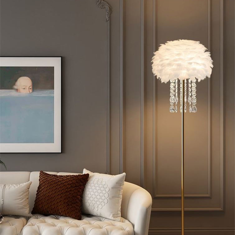 Elegant Nordic Floor Lamp with Feather and Crystal Shade
