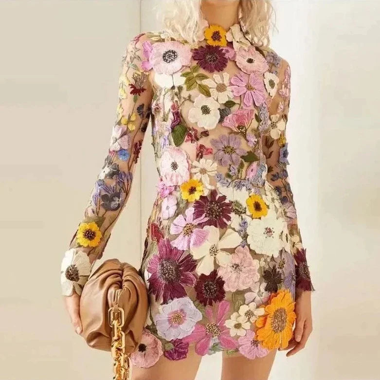 Faurra - Floral Dress for Women with High Collar and Long Sleeves