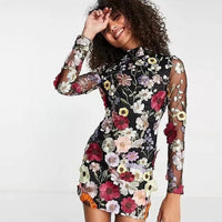 Faurra - Robe fleurie pour femme avec col montant et manches longues