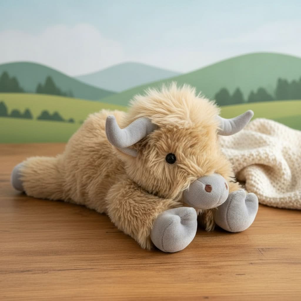 HEATHERMO – Enchanting Highland Cattle Plush Toy with Fluffy, Rustic Charm