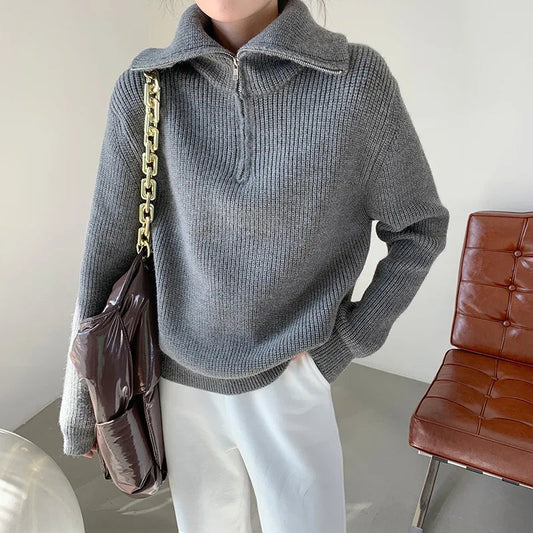High Neck Zip 1/4 Long Sleeve Sweater for Women