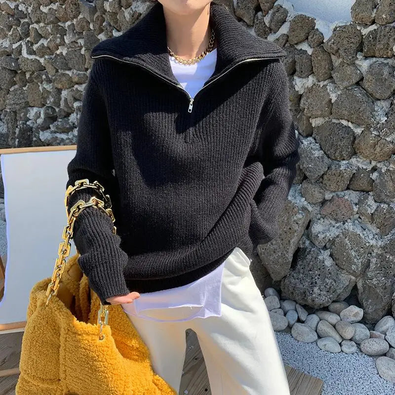 High Neck Zip 1/4 Long Sleeve Sweater for Women