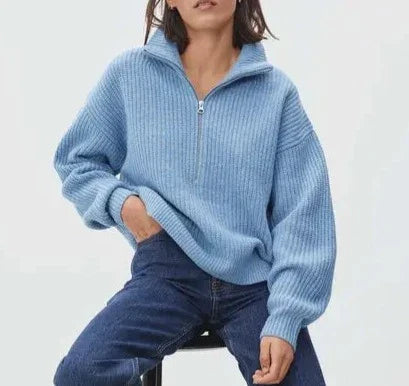 High Neck Zip 1/4 Long Sleeve Sweater for Women