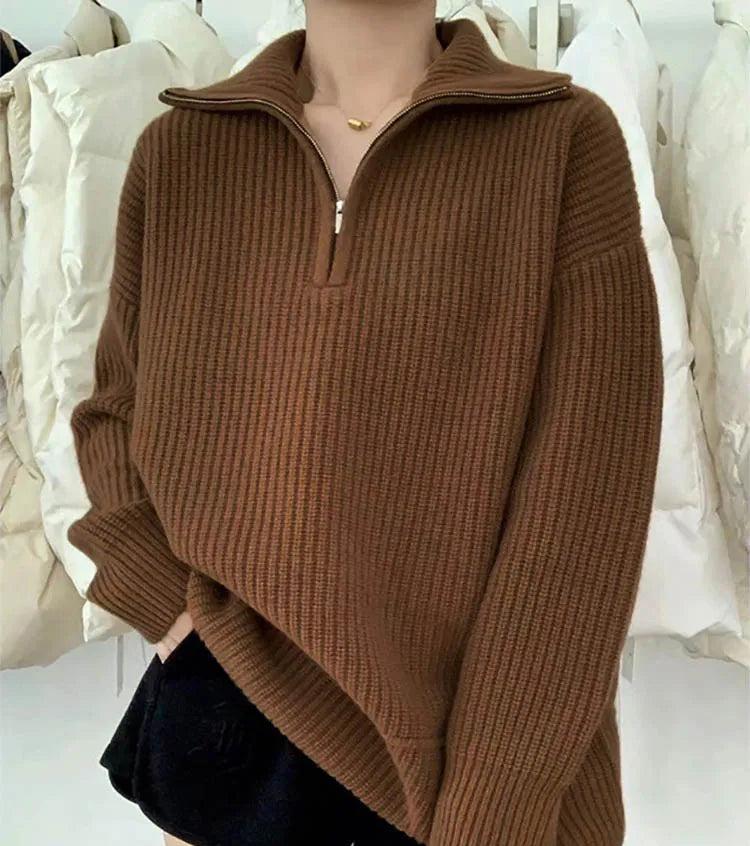 High Neck Zip 1/4 Long Sleeve Sweater for Women