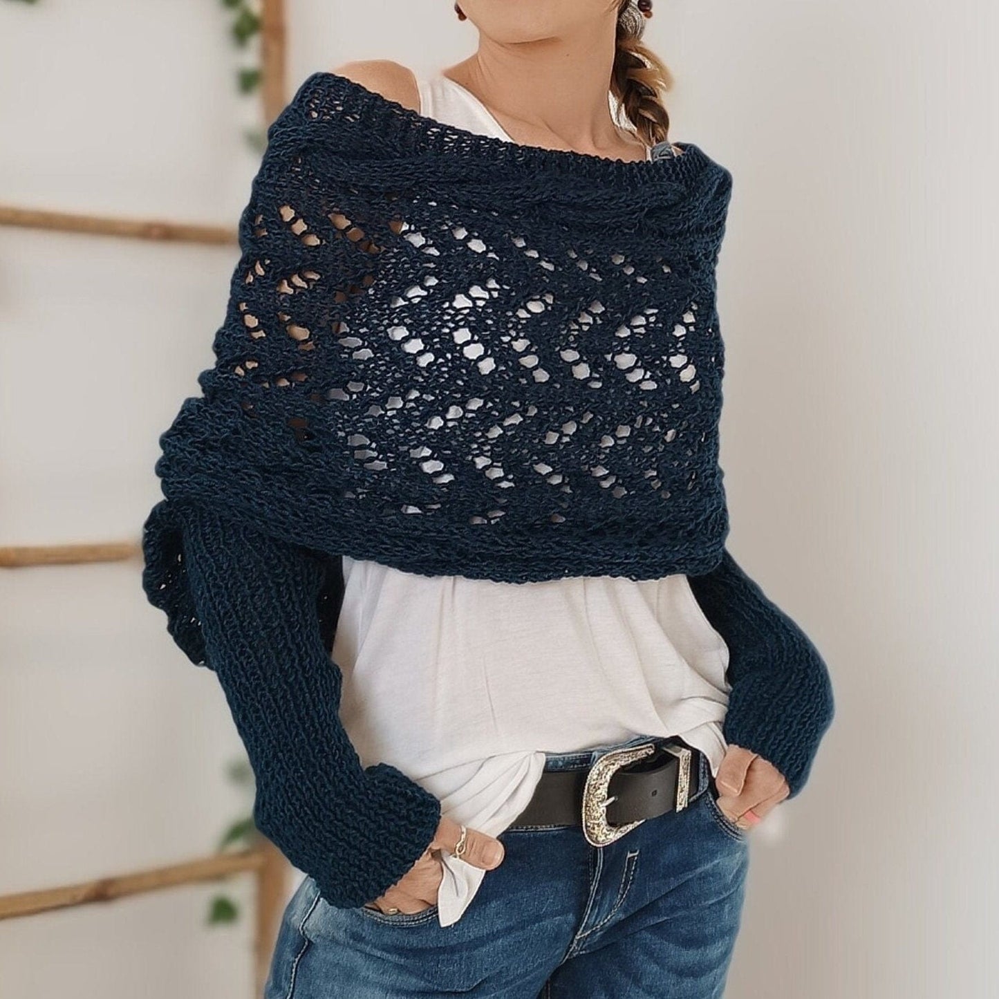 Knitted Cut-Out Shawl Poncho Wrap