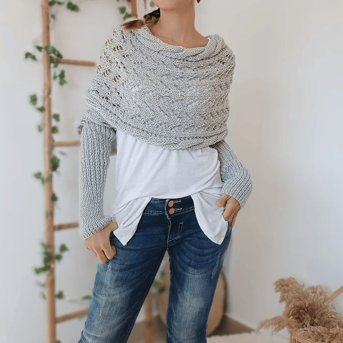 Knitted Cut-Out Shawl Poncho Wrap