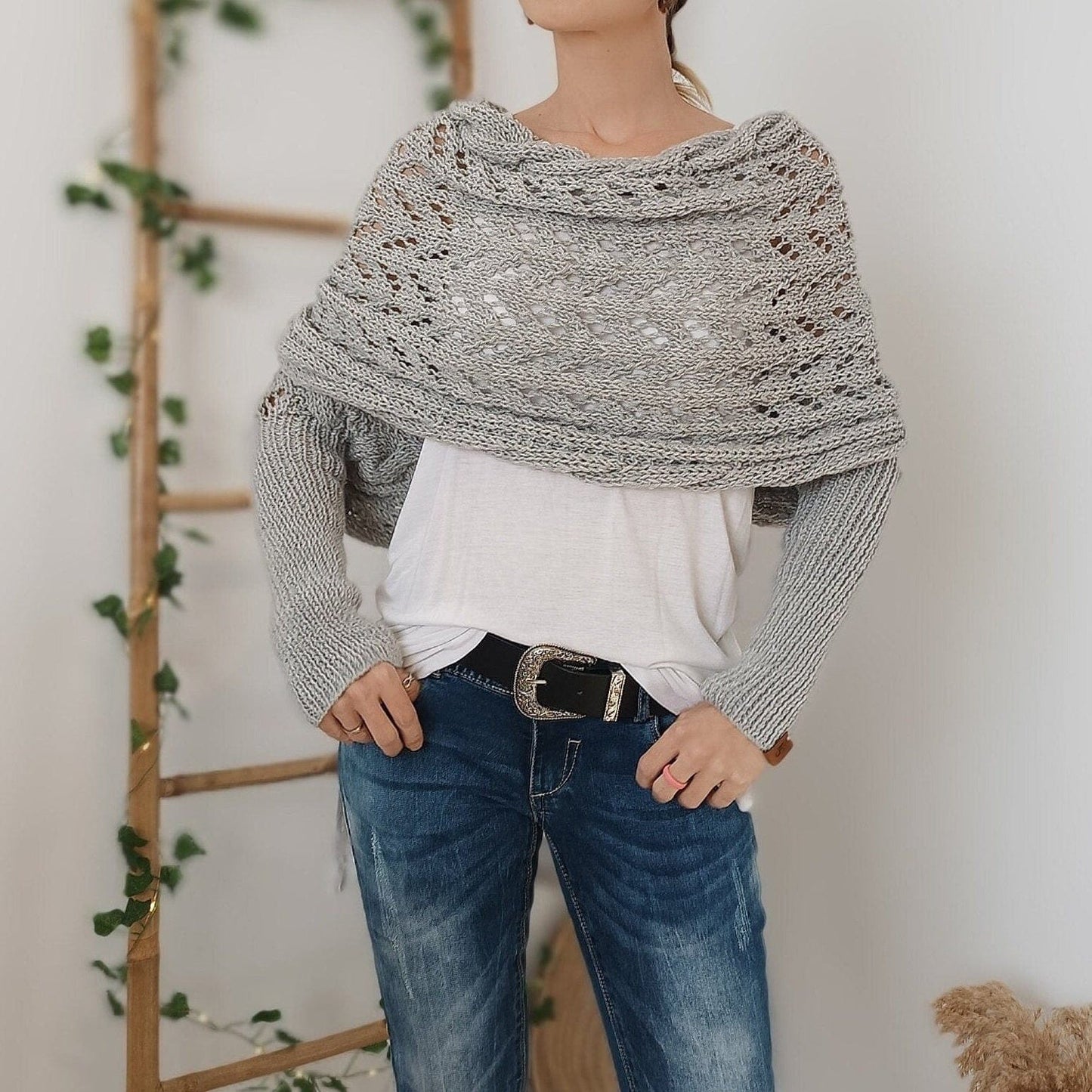 Knitted Cut-Out Shawl Poncho Wrap