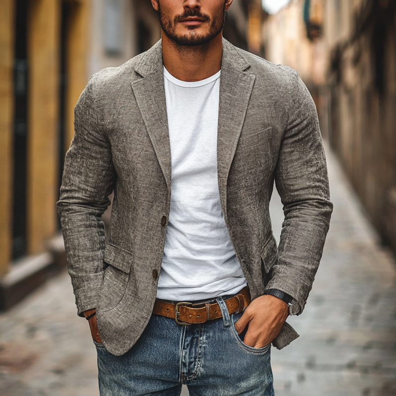 Linen Blazer Men's Slim-fit with Scalloped Lapel - Lightweight Cotton and Linen Blazer for Autumn