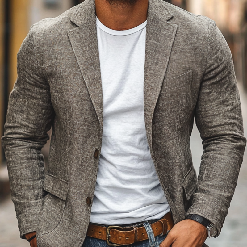 Linen Blazer Men's Slim-fit with Scalloped Lapel - Lightweight Cotton and Linen Blazer for Autumn