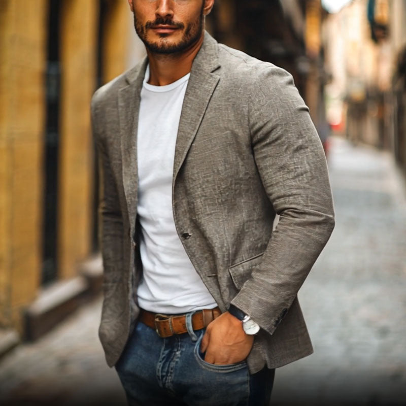 Linen Blazer Men's Slim-fit with Scalloped Lapel - Lightweight Cotton and Linen Blazer for Autumn