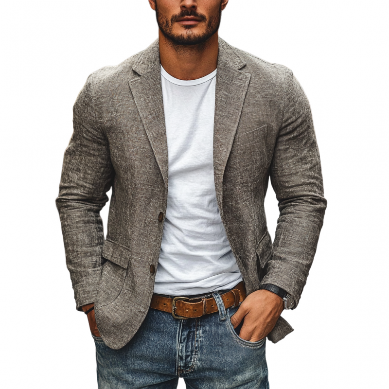 Linen Blazer Men's Slim-fit with Scalloped Lapel - Lightweight Cotton and Linen Blazer for Autumn