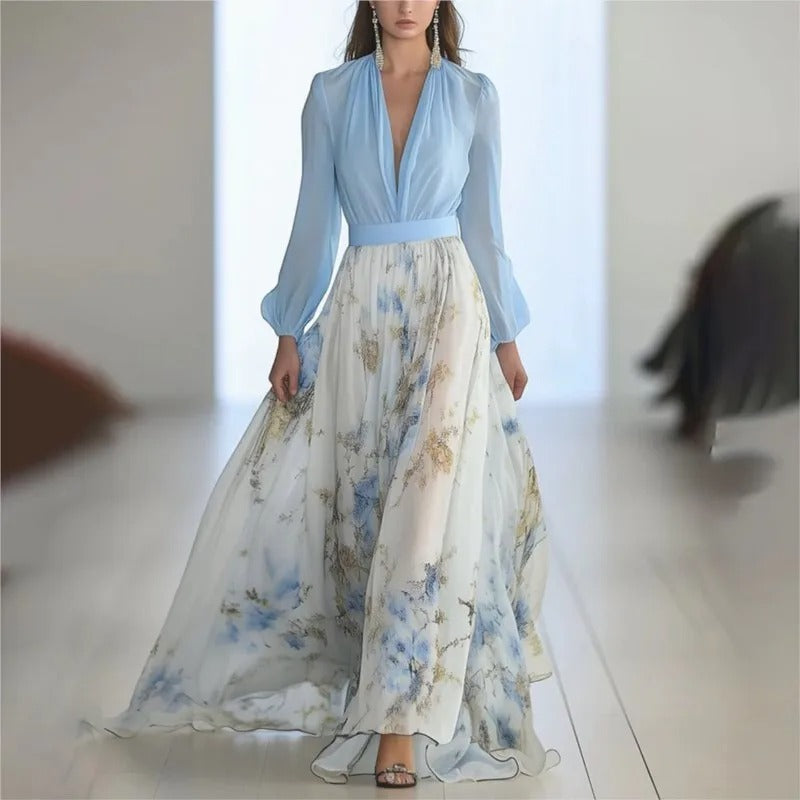 Long Floral Dress for Women with Deep V-Neck
