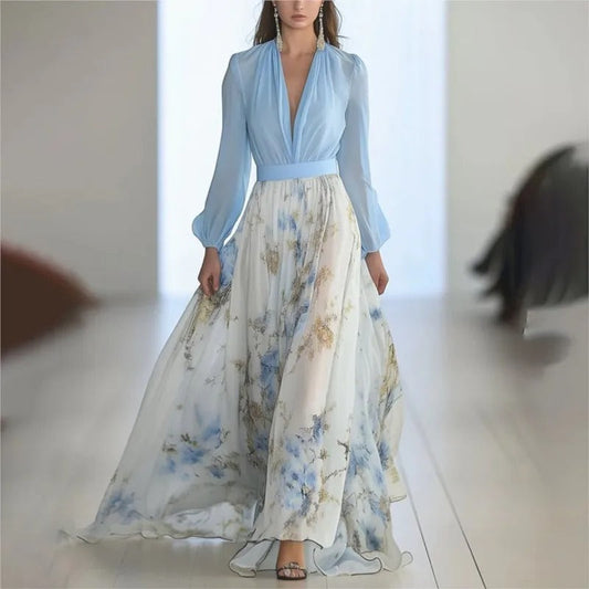 Long Floral Dress for Women with Deep V-Neck