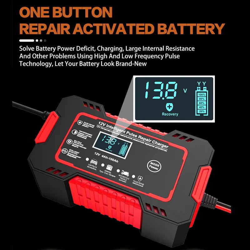 Olvoria | 12V 6A Smart Car Battery Charger | Pulse Repair, LCD Screen & Fast Charging for AGM, Gel & Lead Acid Batteries