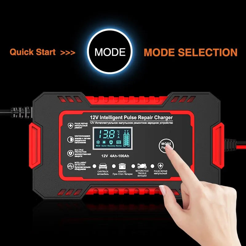 Olvoria | 12V 6A Smart Car Battery Charger | Pulse Repair, LCD Screen & Fast Charging for AGM, Gel & Lead Acid Batteries