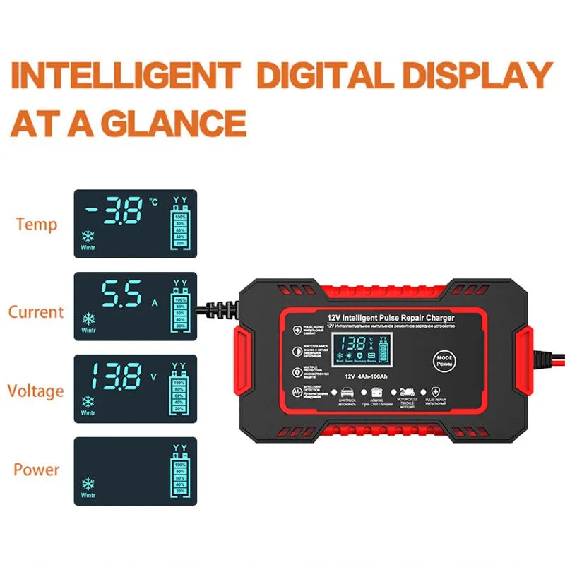 Olvoria | 12V 6A Smart Car Battery Charger | Pulse Repair, LCD Screen & Fast Charging for AGM, Gel & Lead Acid Batteries
