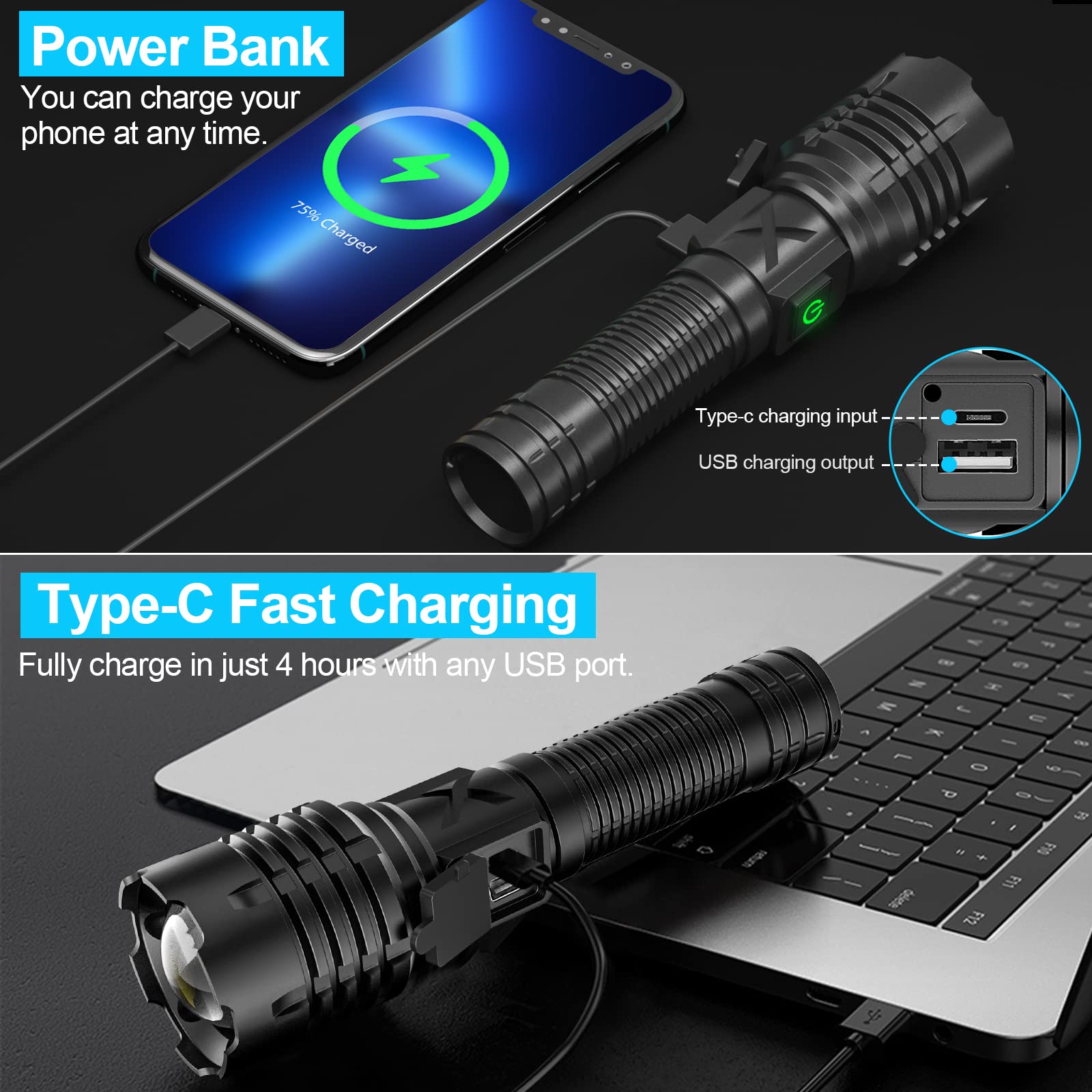 Olvoria | Banral 100000 lumen rechargeable pocket flashlight, IPX6 waterproof, 5 modes, zoomable, aluminum