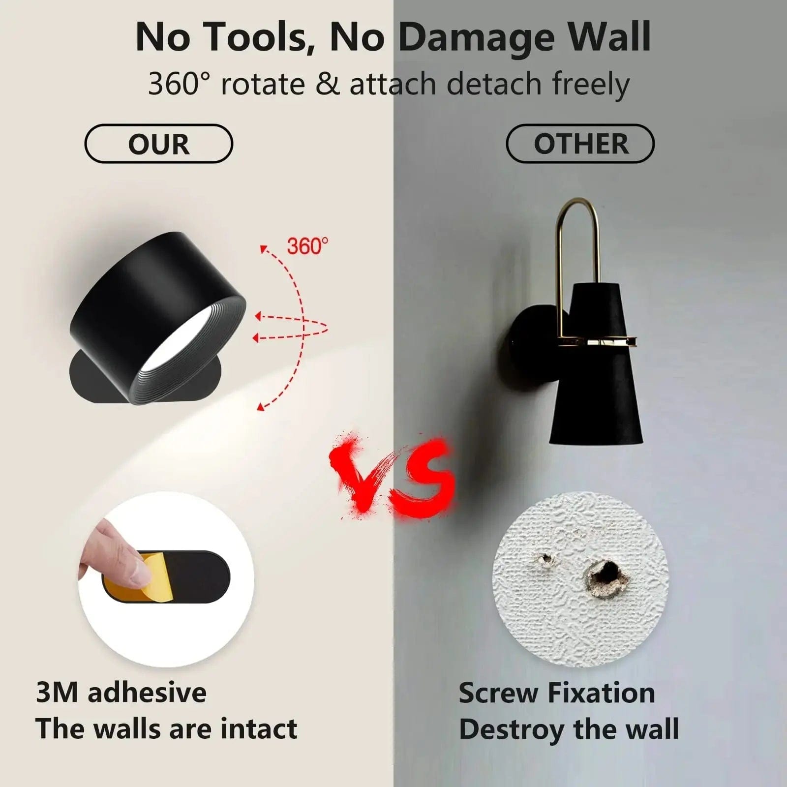 Olvoria | Battery-Powered Wall Lamp | Rechargeable, 360° Adjustable and Wireless for Bedrooms, Hallways, and Reading Corners