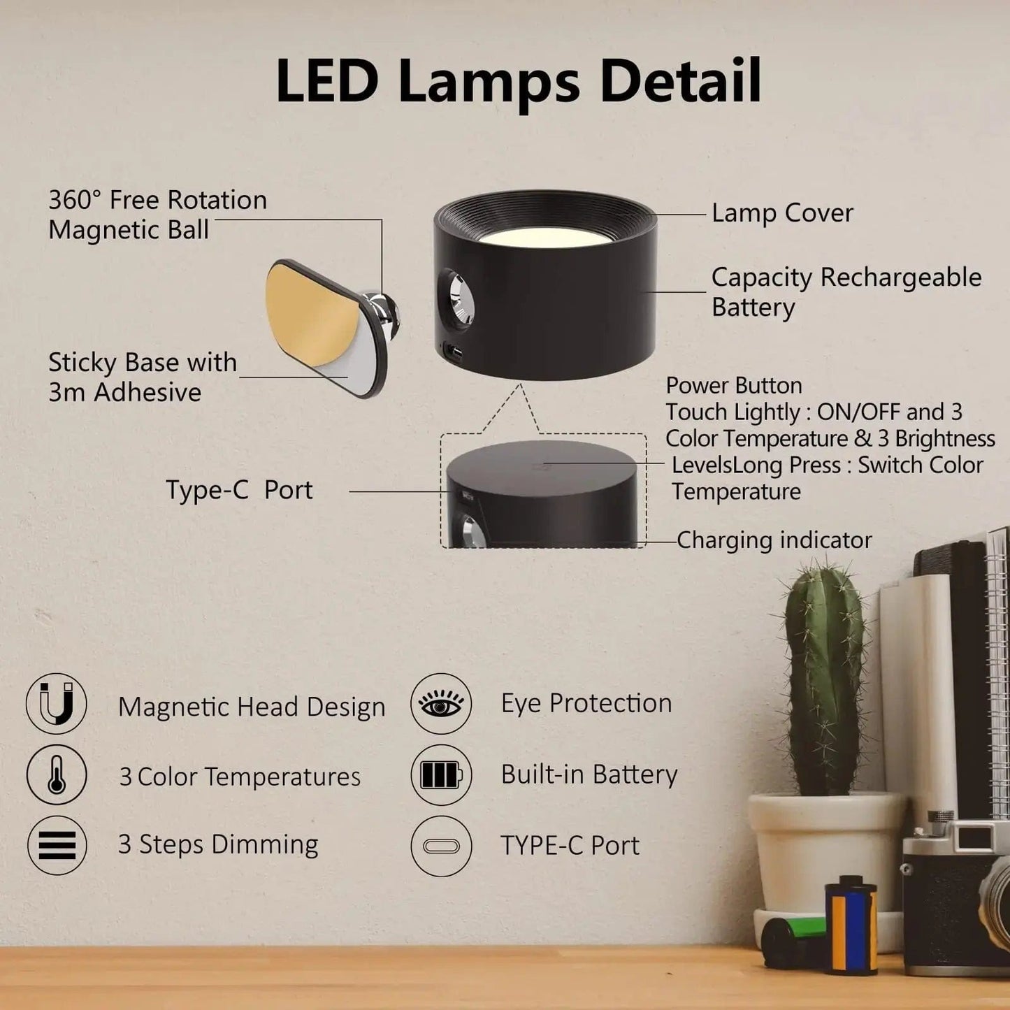 Olvoria | Battery-Powered Wall Lamp | Rechargeable, 360° Adjustable and Wireless for Bedrooms, Hallways, and Reading Corners